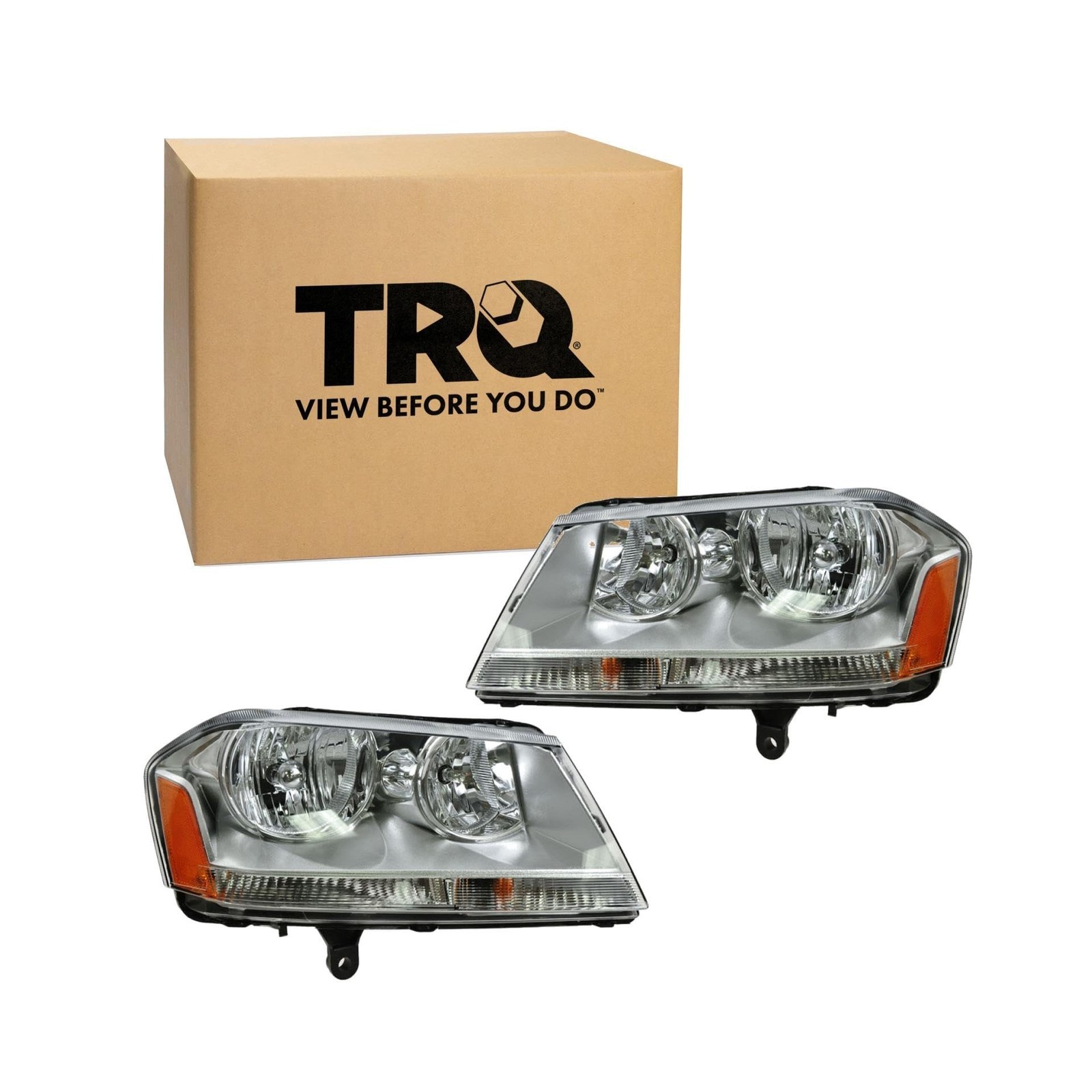 TRQ 2 Piece Headlight Assembly Set Halogen Chrome Bezel Driver & Passenger Si...