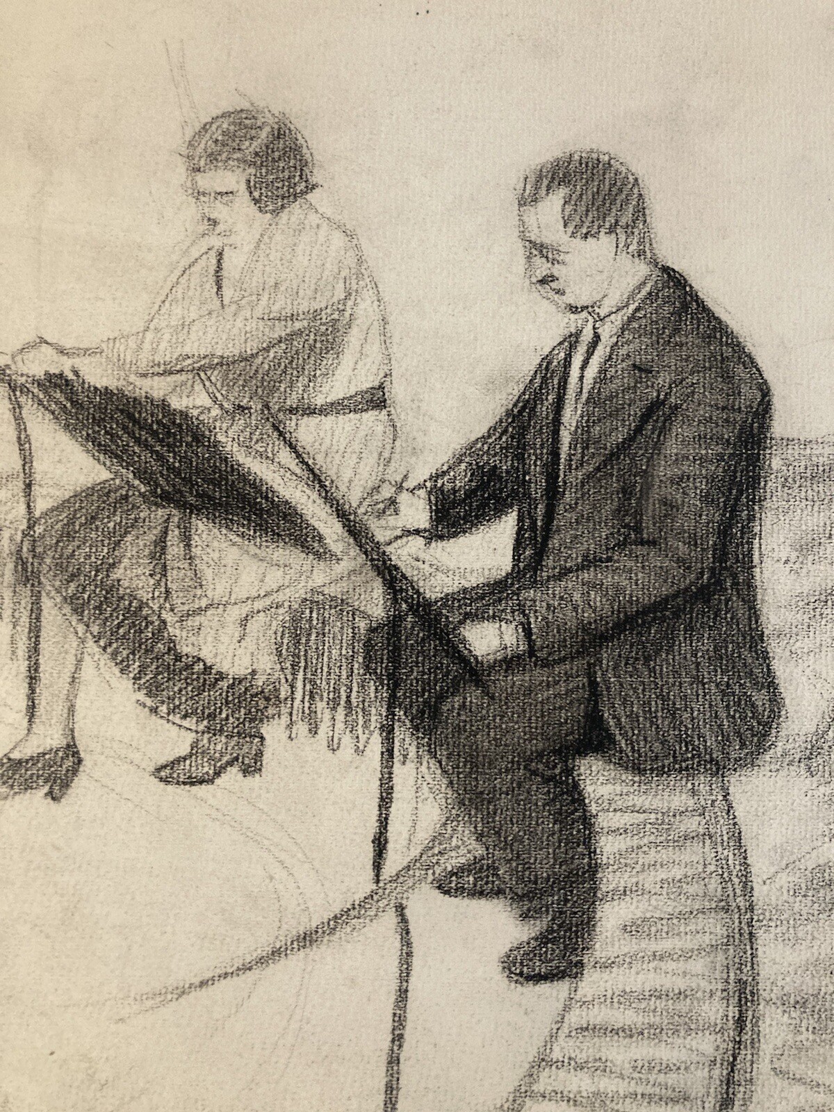 Beautiful Drawing Old Charcoal Woman Man Jean Dreyfus Stern 1930 Art Studio