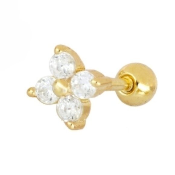 CZ Diamond Clover Screw Back Stud Single Gold Flat Back Earring Tragus Cartilage