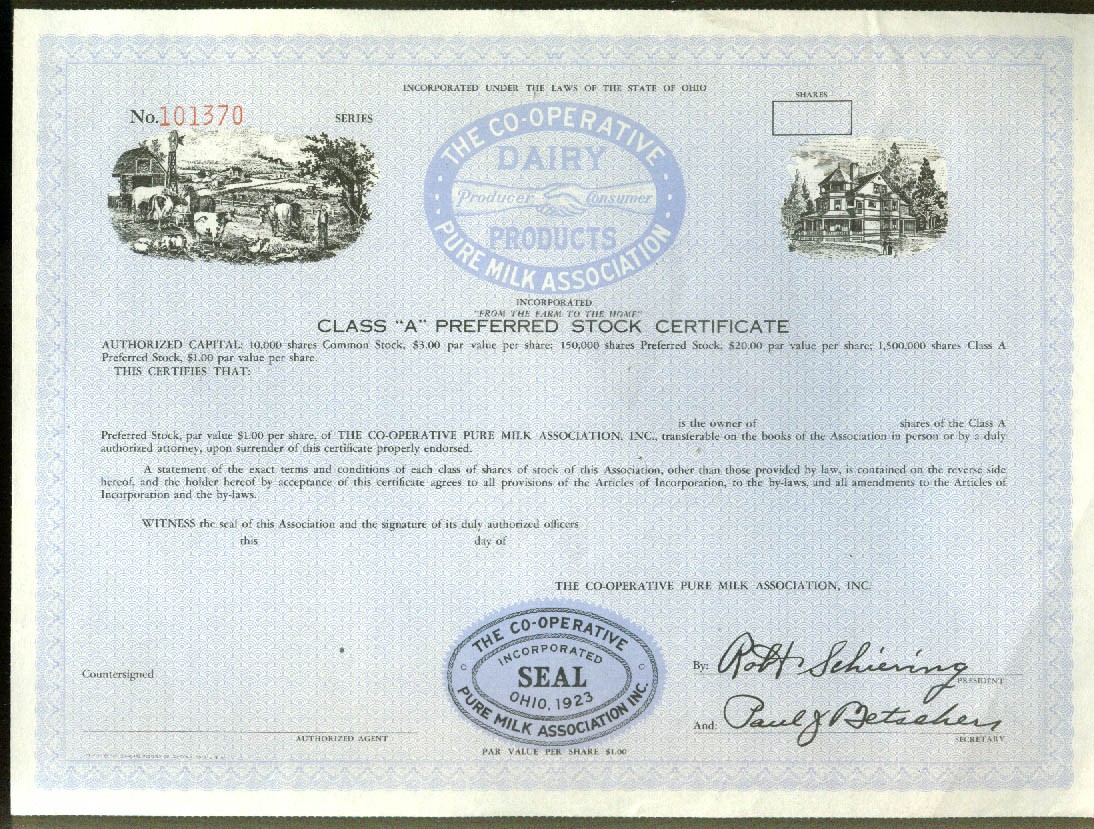 Co-Operative Pure Milk Association of Ohio unissued stock certificate 1950s