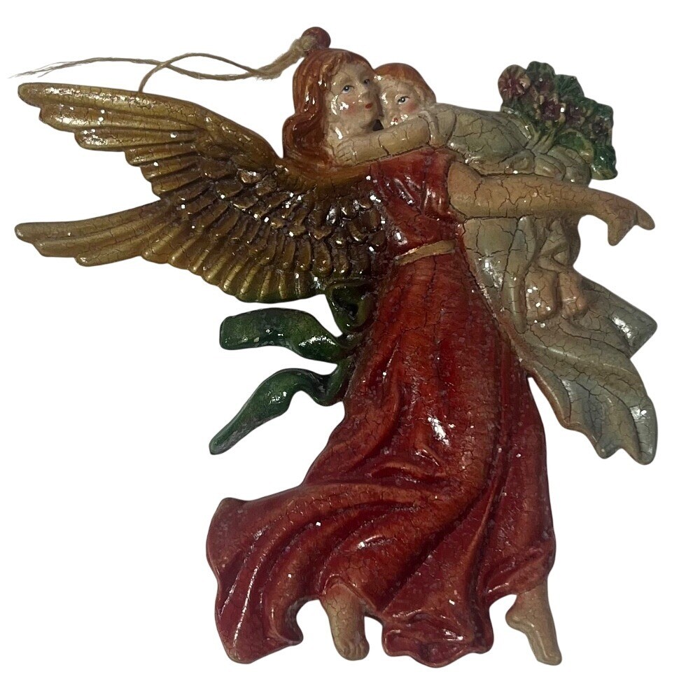 VTG Raised Flying Christmas Shimmering Gold Wing Angel Ornament Holding A Baby