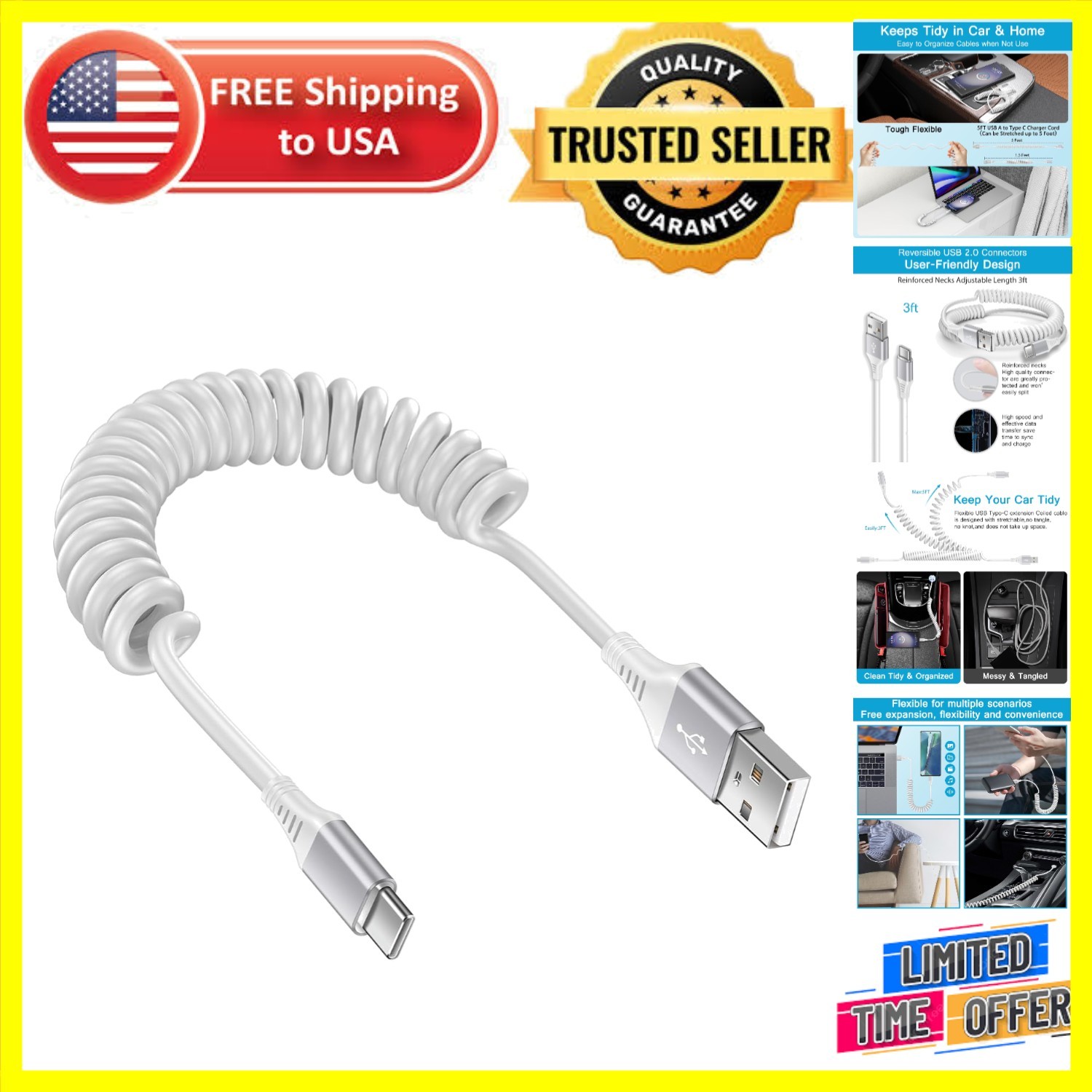 Convenient Elastic Coiled USB C to A Charger - Fast Charging for Mobile Devices