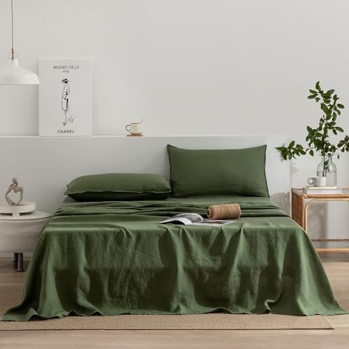 Linen Sheets Set, 100% Stonewashed French Linen Bed Sheets Queen Mossy Green