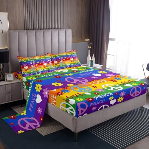  Hippie Peace Art Bed Sheets Set Sheet Set Room Decor Cartoon Queen Rainbow