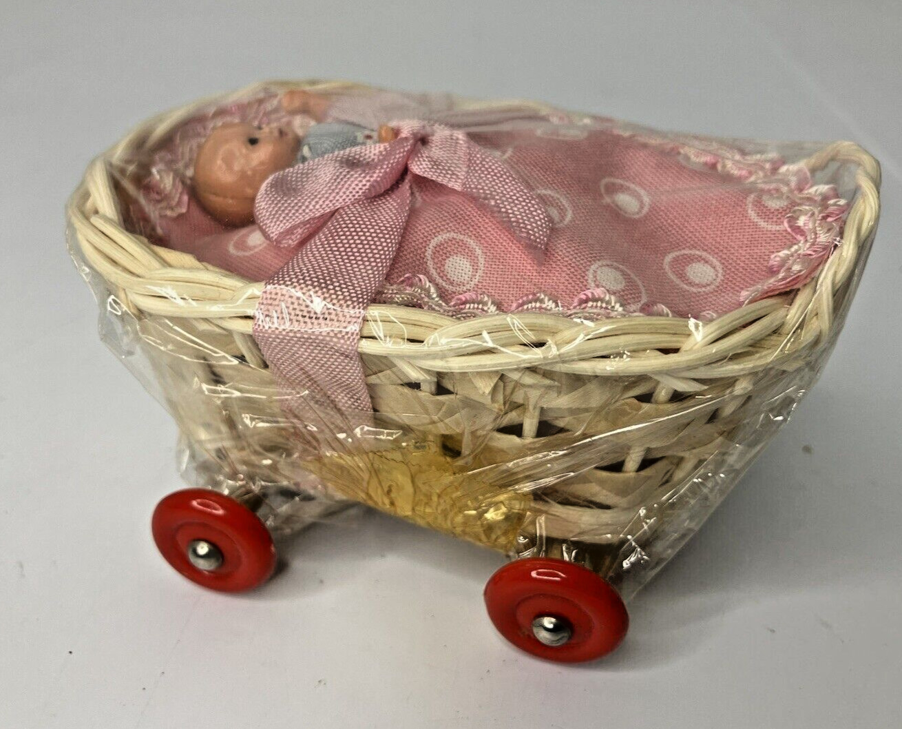 Vintage 1960 Baby Doll Wicker Basket Baby Carriage Germany Souvenir Sealed NOS
