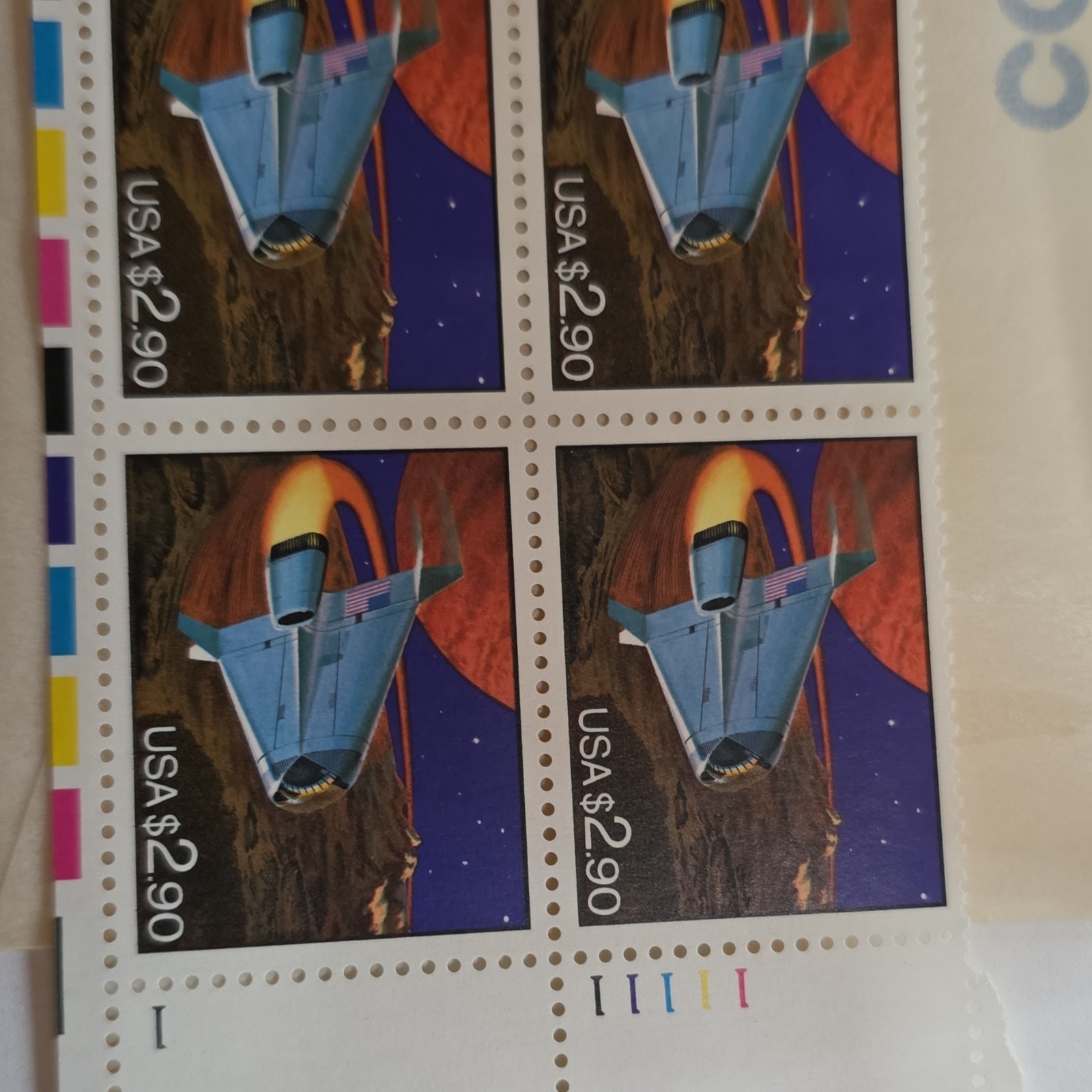 $2.90 Space Shuttle Plate Block of 4 Stamps Blue Purple Orange Brown USA