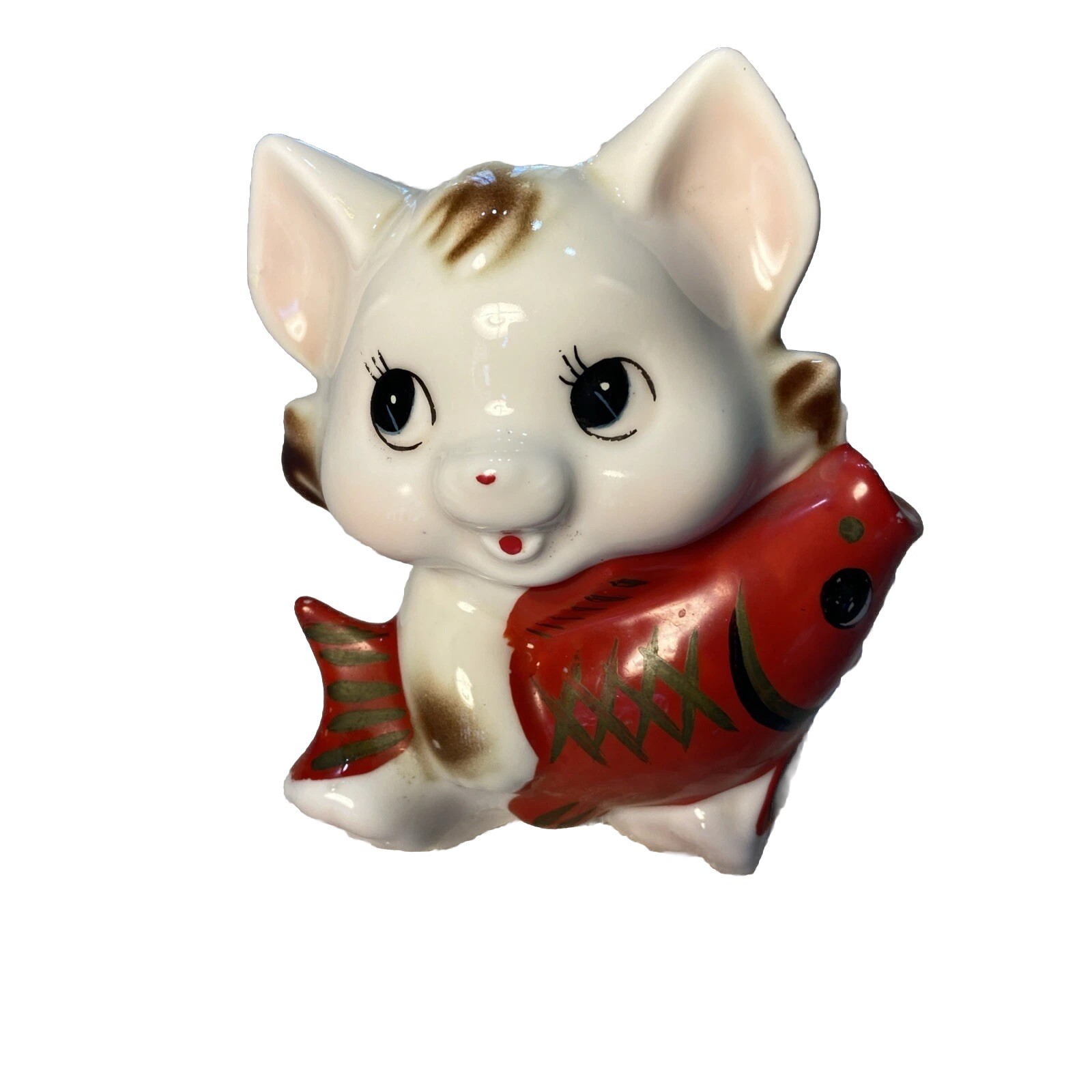 Kitty Cat With Koi Fish Coin Bank Ceramic Vintage China 5.5” Tall