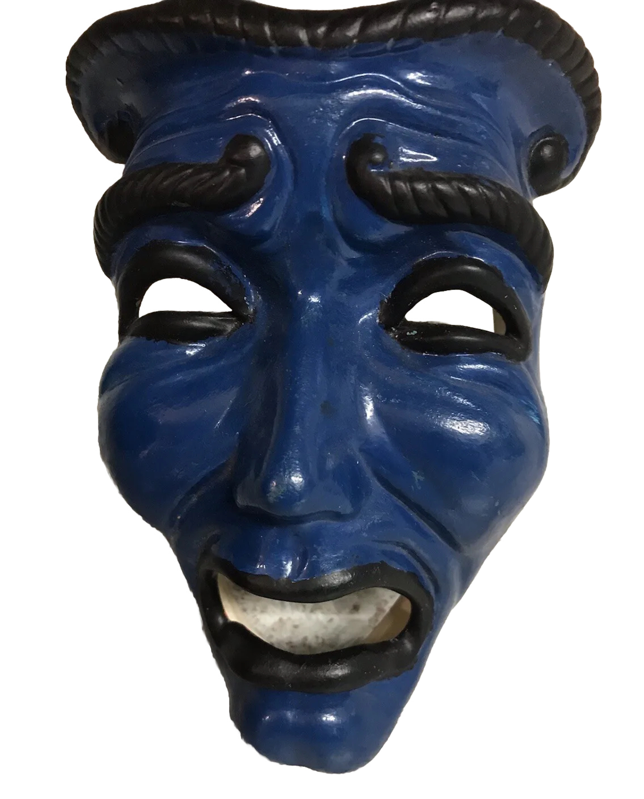 Blue & Blk Luster Painted Ceramic Theatrical TRAGEDY Drama Mask Wall Hanging VTG