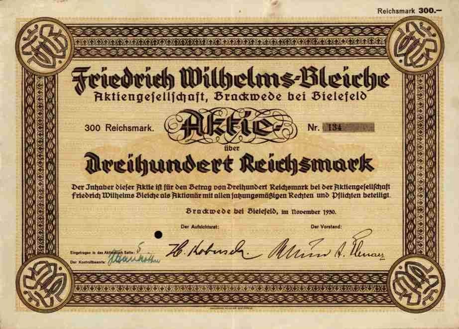 Friedrich Wilhelms Bleiche AG 1930 Brackwede Bielefeld printing house Klocke 300 RM