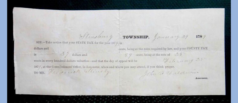 1879 antique FREDERICK STINELY strasburg,lancaster pa PAPER for LAND TAX 