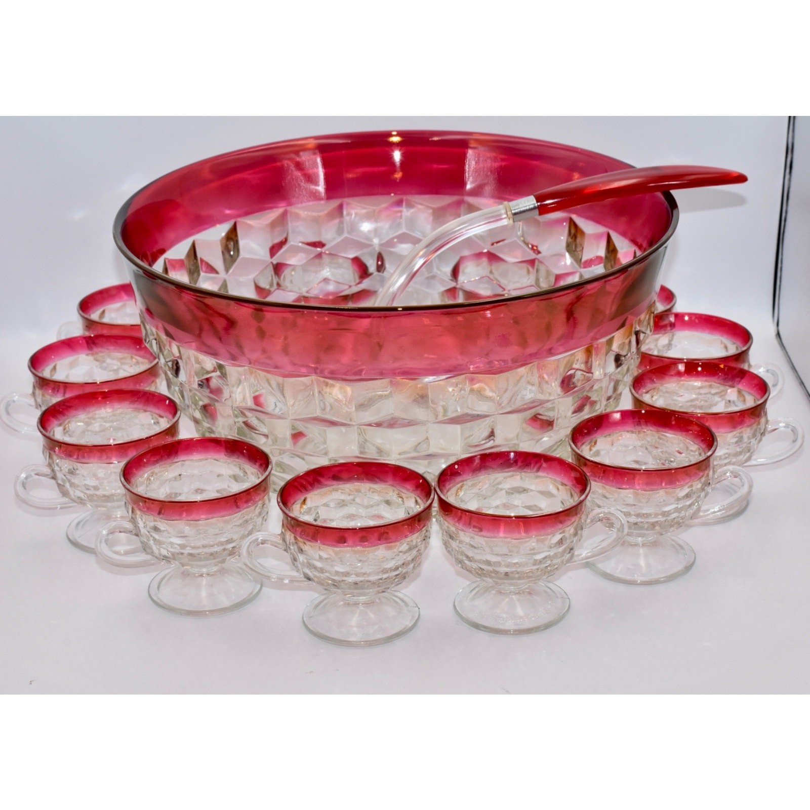 Faceted Punch Bowl 12 Cups & Ladle Whitehall Ruby Flash Crystal by COLONY