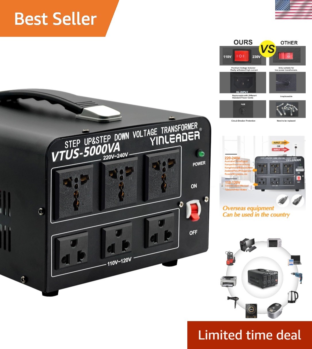 5000W Voltage Converter Transformer Step Up 110V-120V to220V-240V or Step Dow...