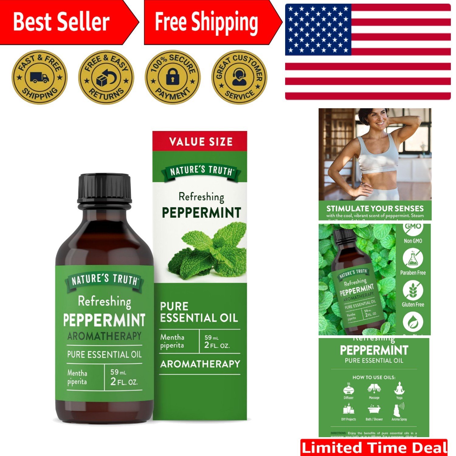 Refreshing Peppermint Essential Oil 2 fl oz - Ideal for Diffusing & Massage