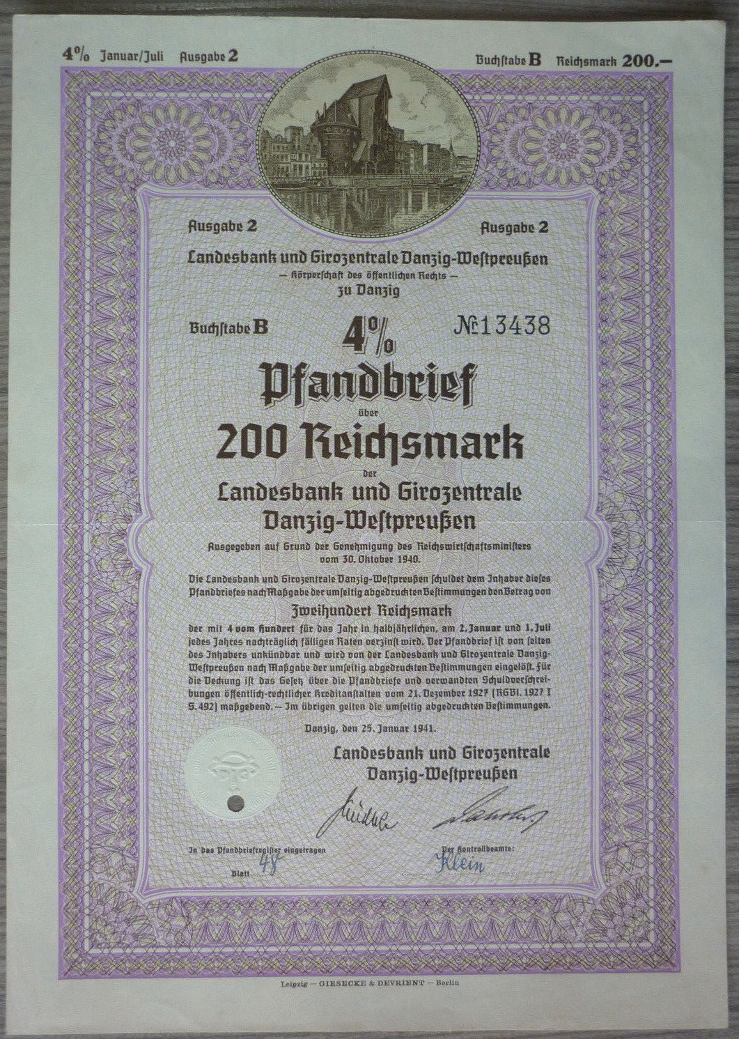 Share, Danzig 1941, 200 RM, (Art.3243)