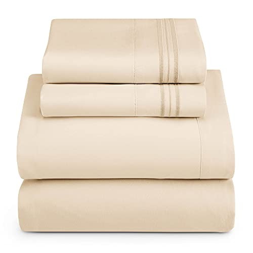  Size Sheets - 4 Piece Bed Sheet Set, Hotel Luxury Double Brushed Queen Beige