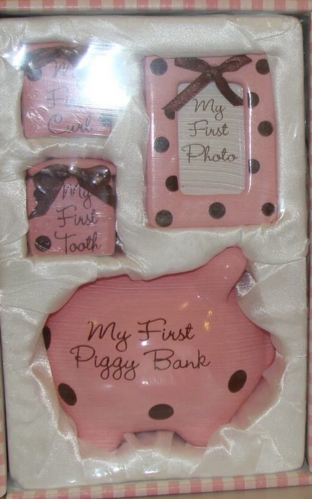 Baby Girl First Piggy Bank,Photo,Tooth & Curl Keepsake Box Set New Pink & Brown
