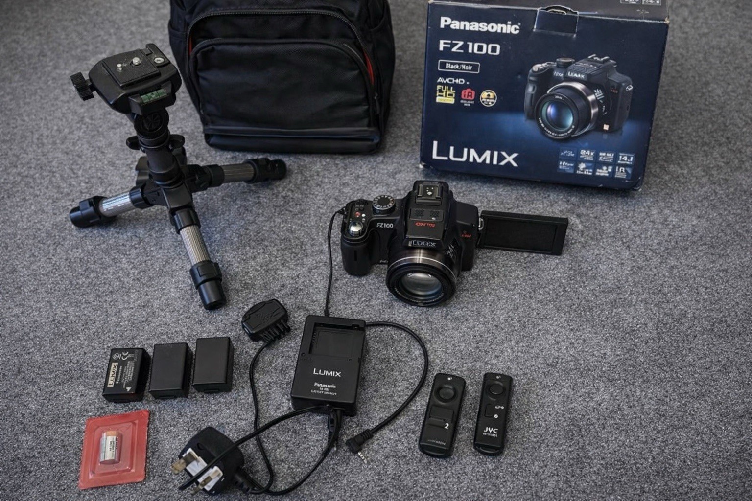Panasonic Lumix FZ100 Camera + Remote, 4 Batteries, Tripod, Case, Box – VGC