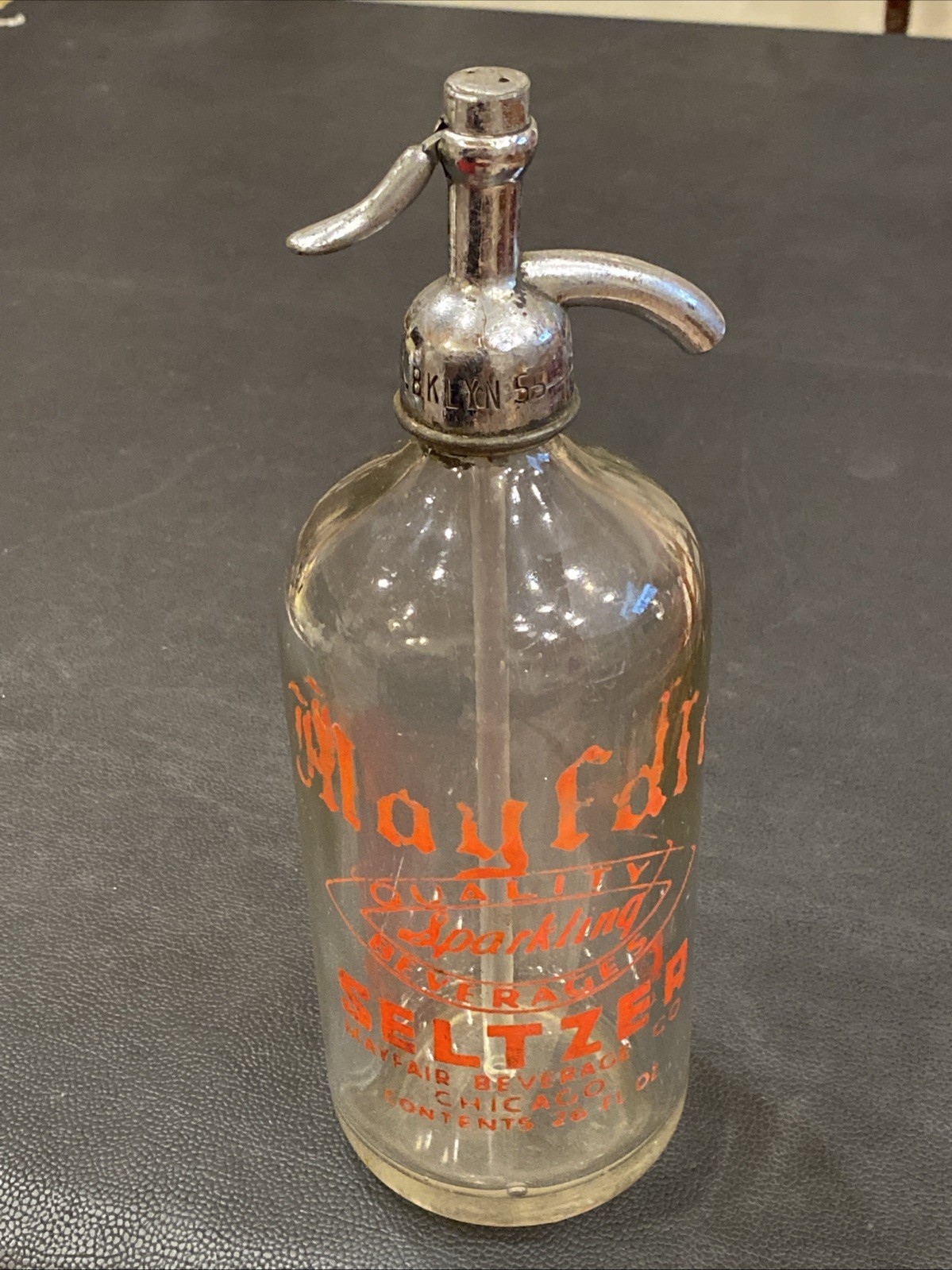 Vtg MAYFAIR QUALITY SPARKLING BEVERAGES Co Red Seltzer Bottle Chicago Illinois