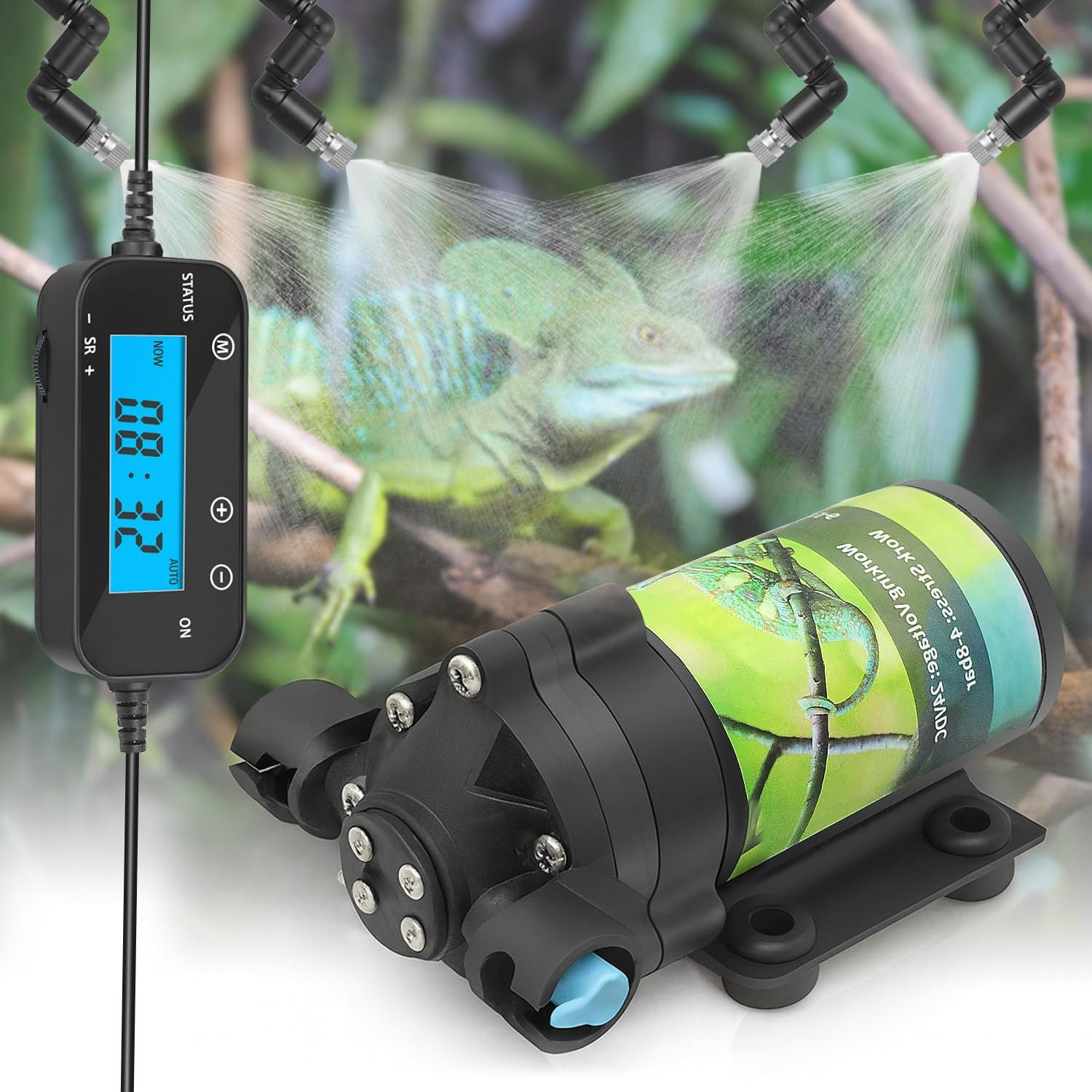 Reptile Misting System with Timer, 6 Adjustable-Joint Nozzles, Self-Priming Pump