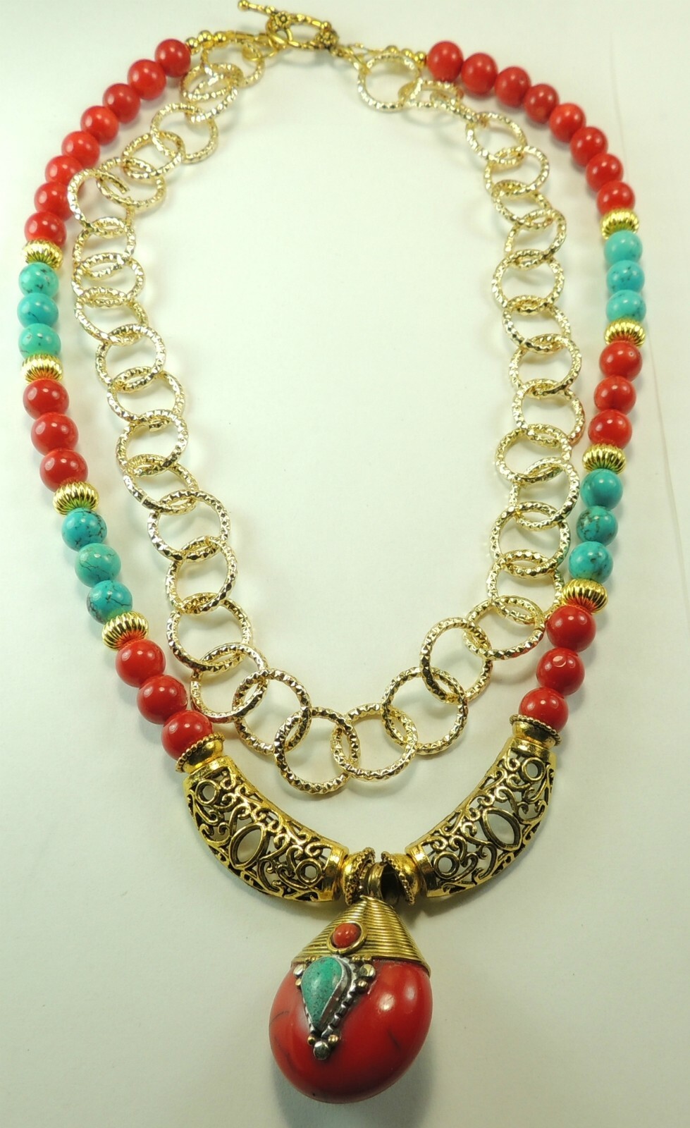 Coral Howlite Chain Statement Necklace with Nepal Pendant  Mother of  Bride