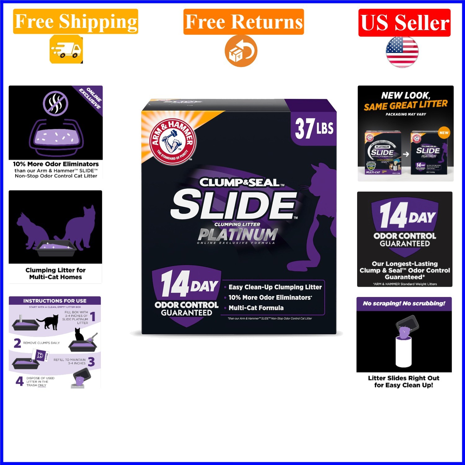 Clump & Seal SLIDE Platinum Multi-Cat Clumping Cat Litter 37lbs, Fresh Scent