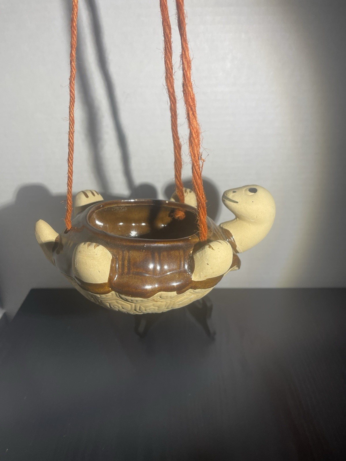Vintage  hanging turtle pottery planter, often handcrafted from terracotta Rare