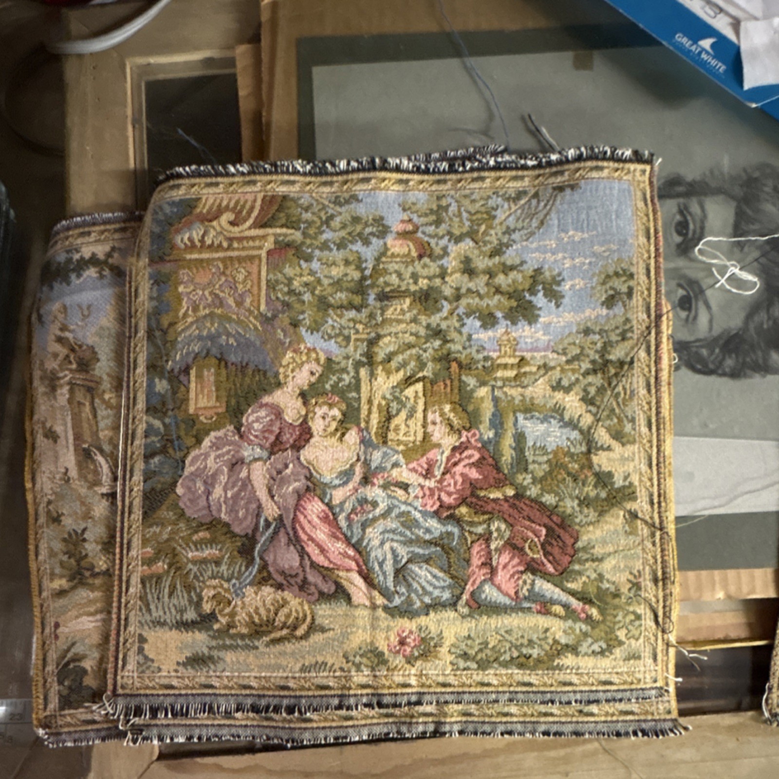 Made in France Antique French Embroidered Wool Romantic Tapestry Multicolor