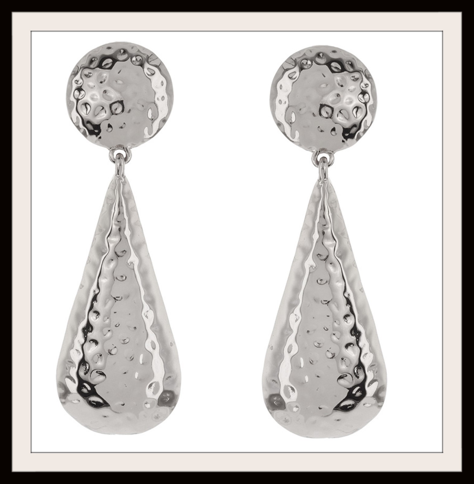 Chunky Long Hammered Polished Silver Teardrop CLIP ON Dangle Earrings