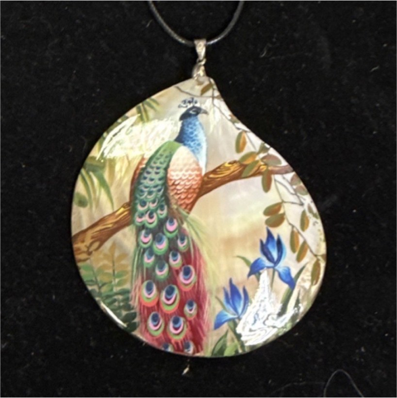 Handcrafted Shell Pendant Necklace Handpainted Peacock Design Adjustable Cord