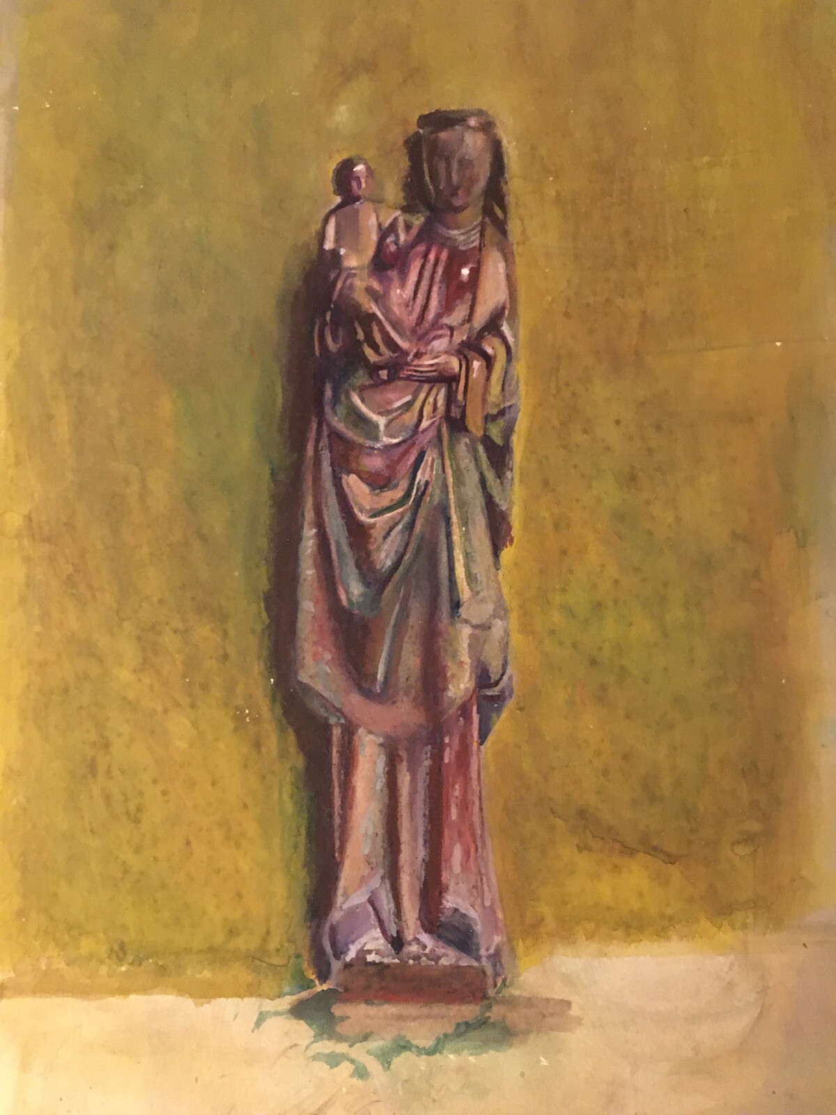 Belle Peinture Gouache Sur Carton Albert Jarach 1950 Vierge À L Enfant Sculpture
