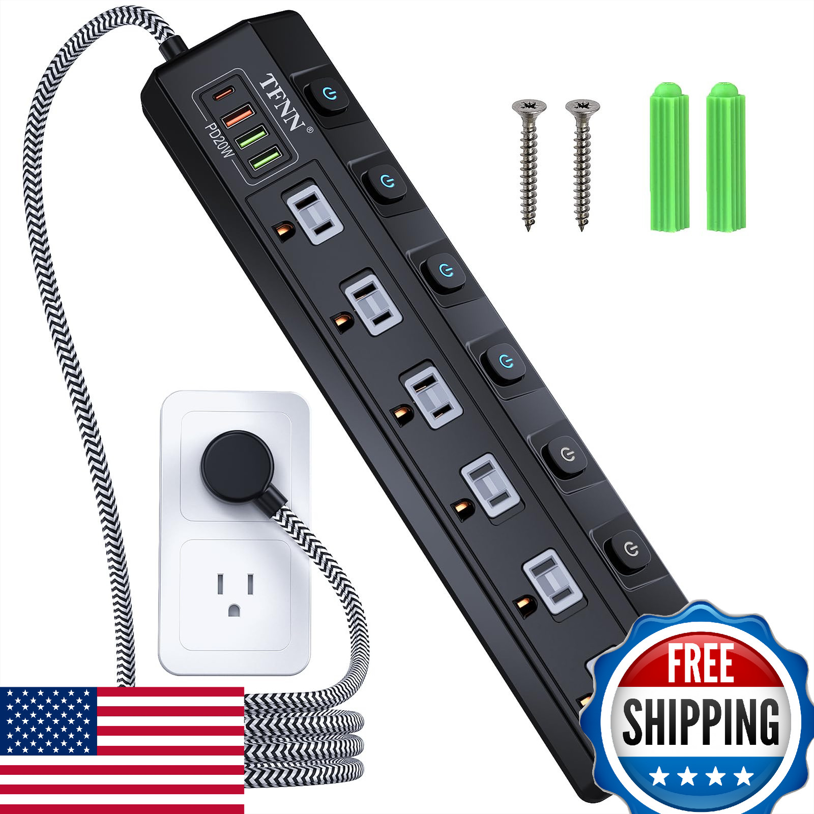 Power Strip w/ USB Ports, Wall Mount, 5FT Cable, 70W, USB-C PD20W, 6 AC Outlets