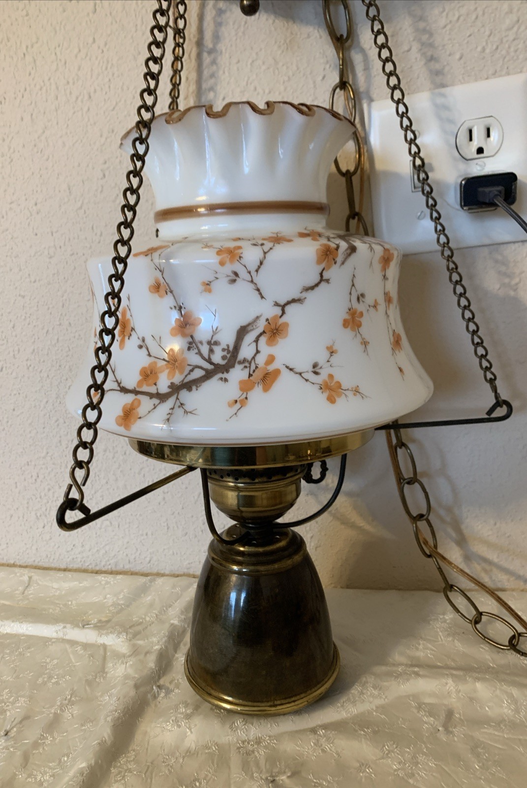 Vintage Hurricane Swag Lamp Floral Milk Glass Country Cottage Portable Hanging