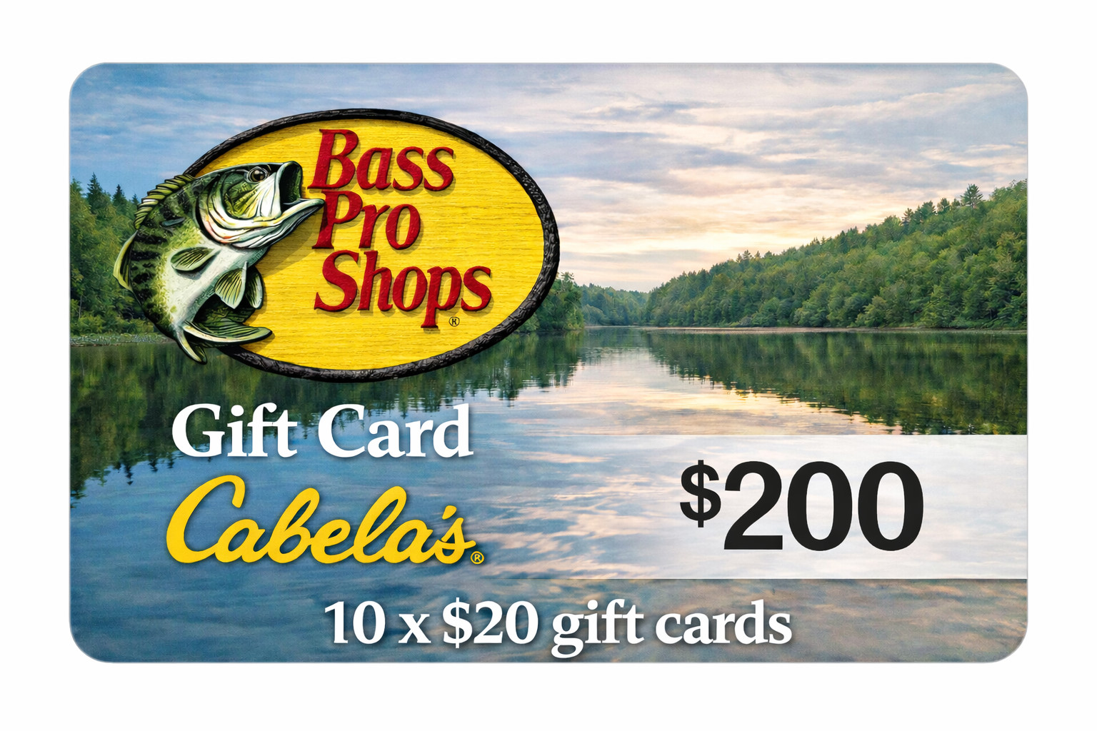 Bass Pro Shop /Cabelas 200$ egiftcard value 20$ x 10 Fish Hunt Camp Outdoor yeti