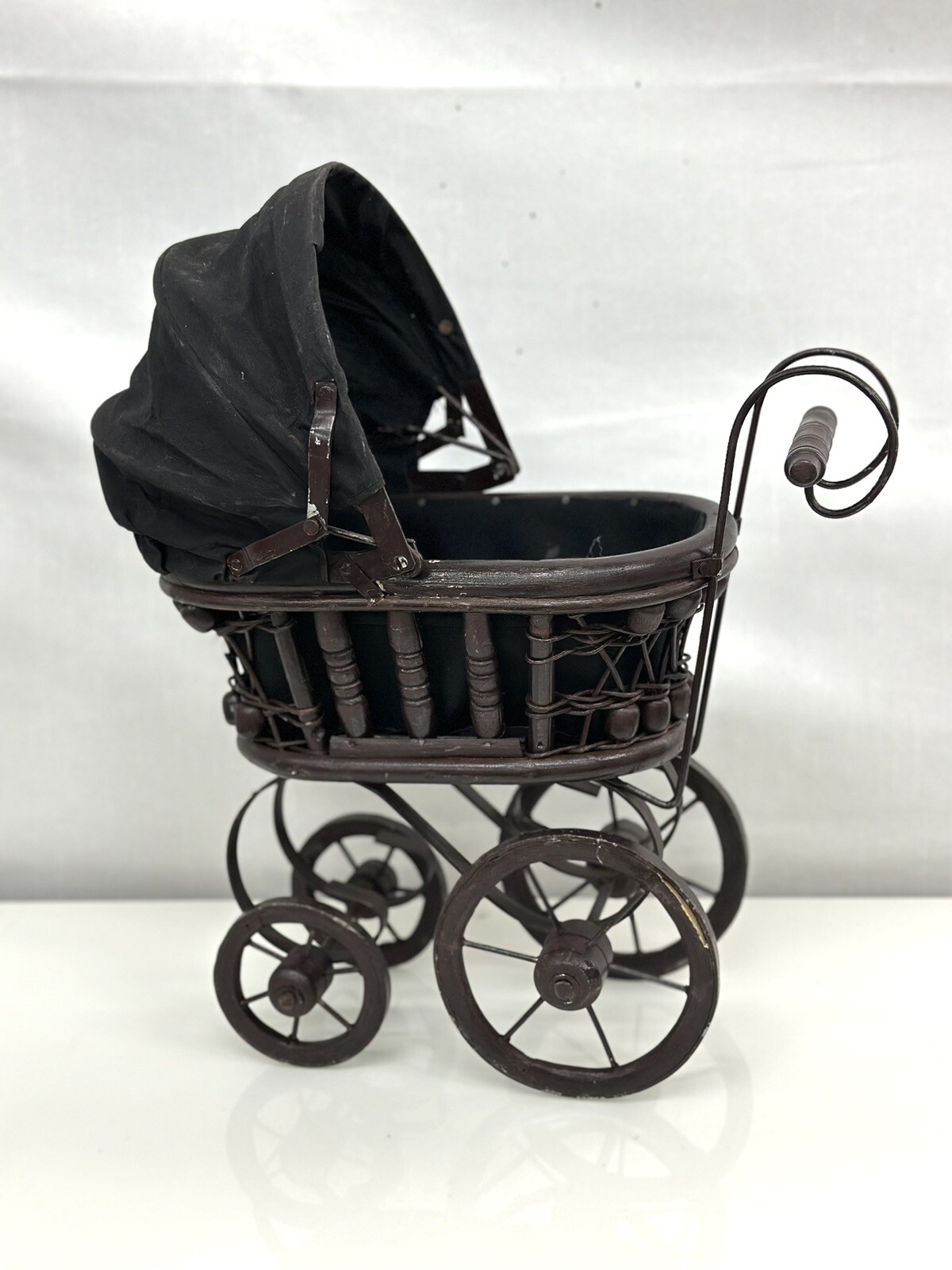 Vintage Wicker Wooden and Metal Toy Stroller Antique RARE Doll Carriage 15" Tall
