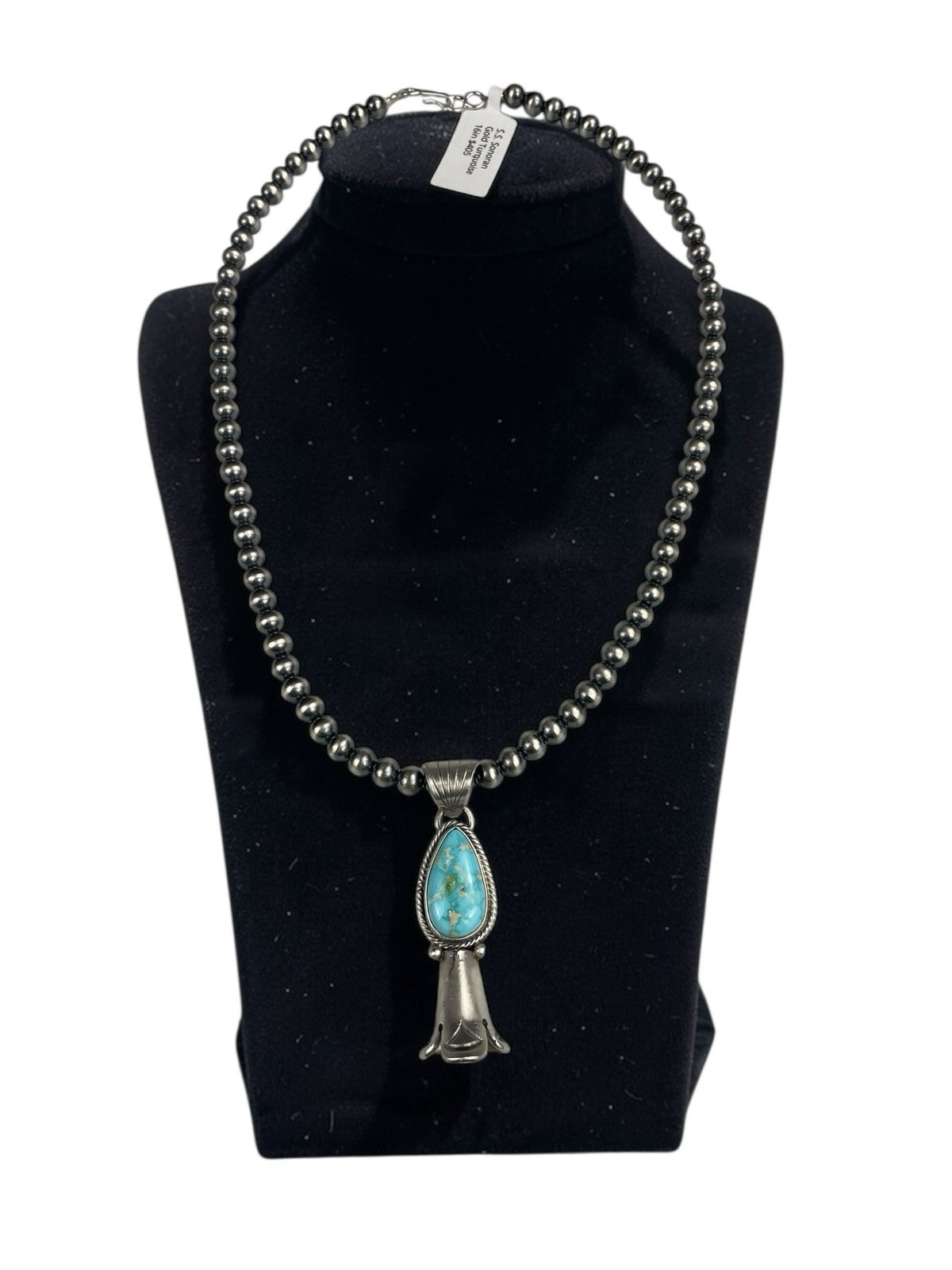 Navajo Pearls Necklace Pendant Sterling Gold Turquoise 16” 5mm Statement