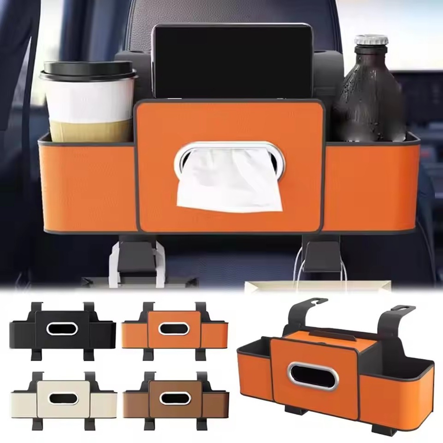 Car Backseat Organizer with Cup Holders Hooks 3-in-1 Car Storage Box Tissue Box