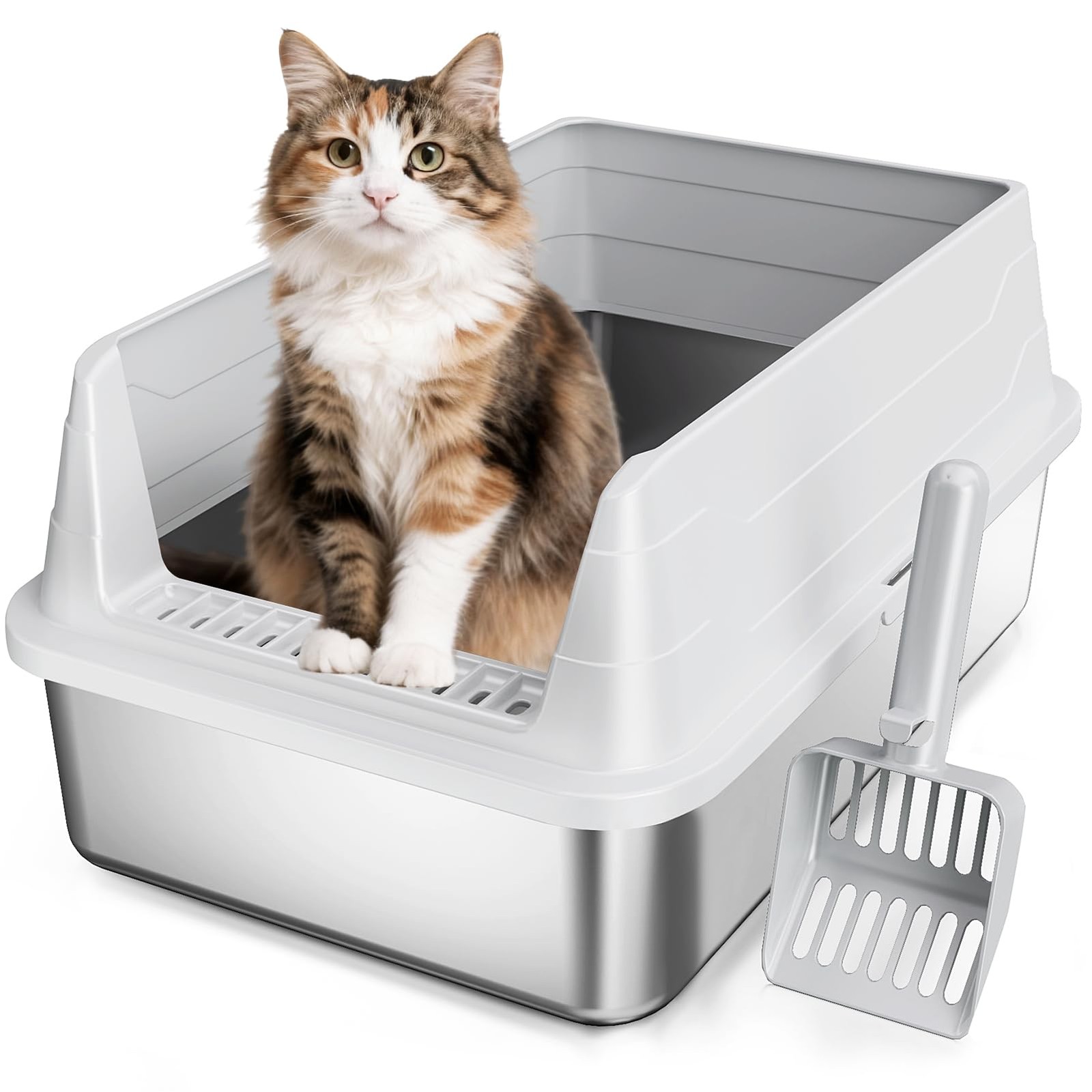 Stainless Steel Cat Litter Box, Odor Free Metal Litter Box with High Sides