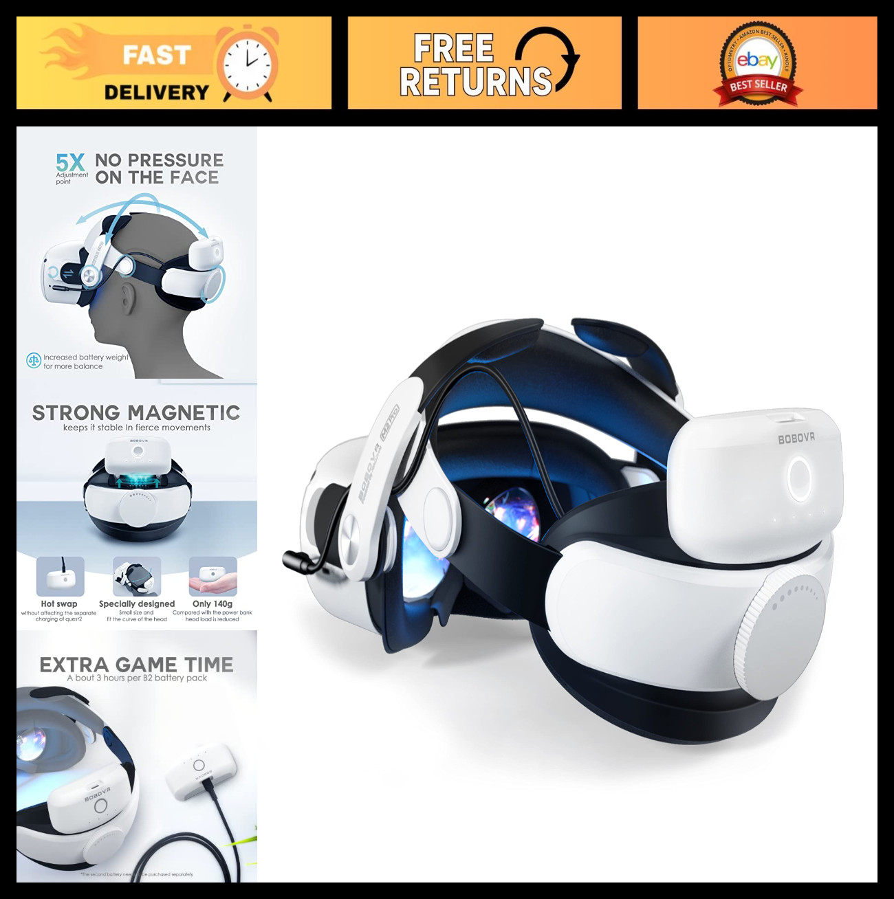 Lightweight Battery Pack Head Strap for Quest 2 - Magnetic Connection, Hot Swap