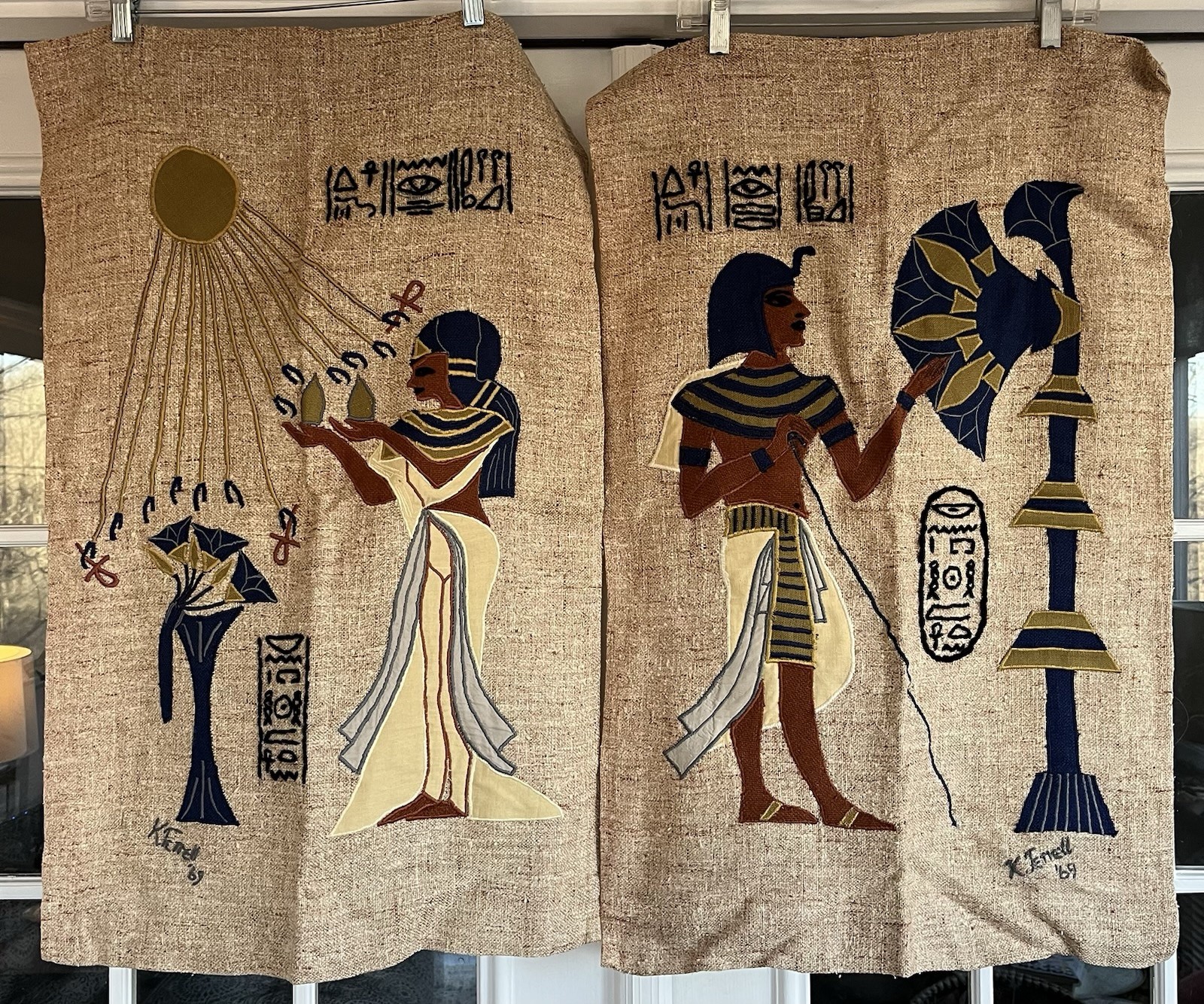 Set of 2 Egyptian Revival Applique Wall Panels Tapestry Ancient Egyptian Designs