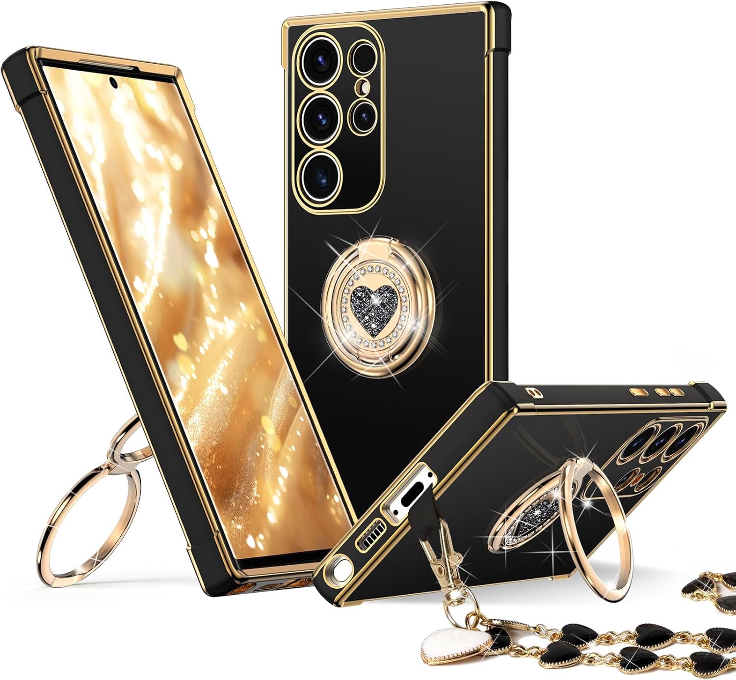 Galaxy S23 Ultra Case with Stand, Double Ring Bling Luxury Phone Case, Black