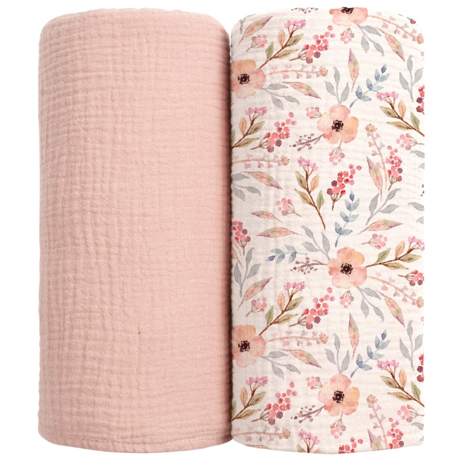 lulumoon Muslin Swaddle Blankets for Baby: Soft Cotton Printed, P-pink Flower 