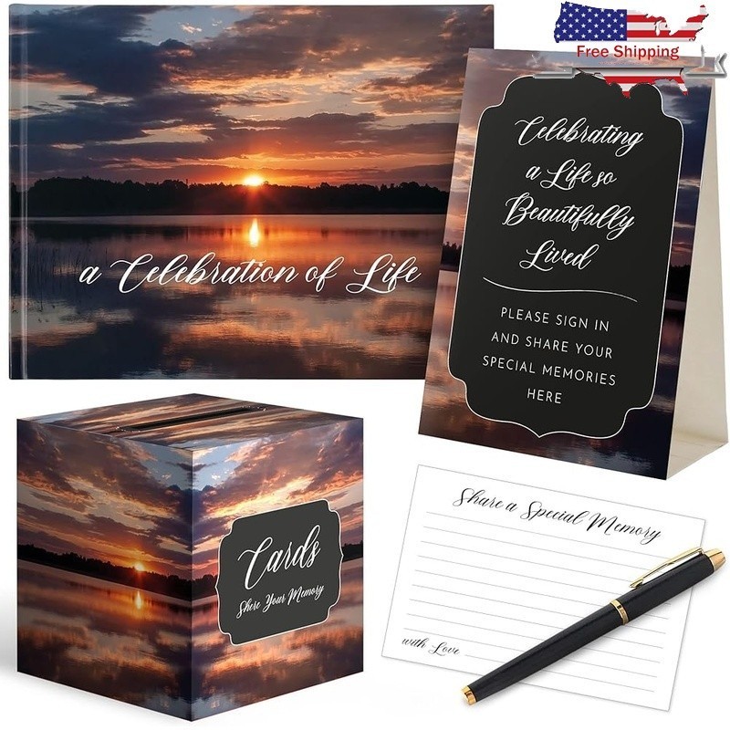 Memorial Service Set Guestbook Memory Cards Box Funeral Tribute Accessories New