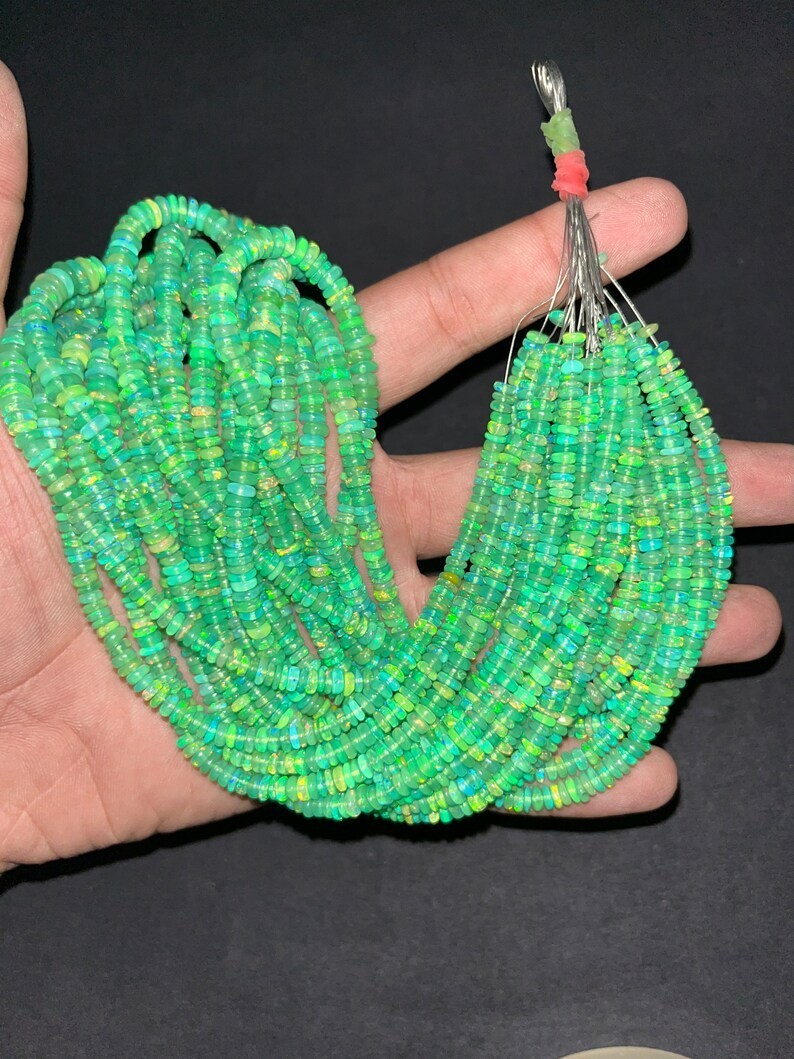 Green Ethiopian Opal Smooth Rondelle Beads 3-4mm Green Opal Beads 16 Inches