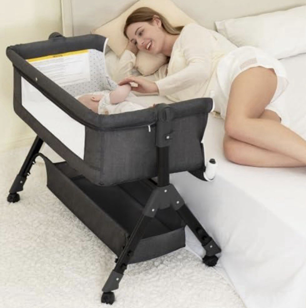 Amazon Dark Gray Portable Bedside Crib Bassinet with Wheels & Storage Basket