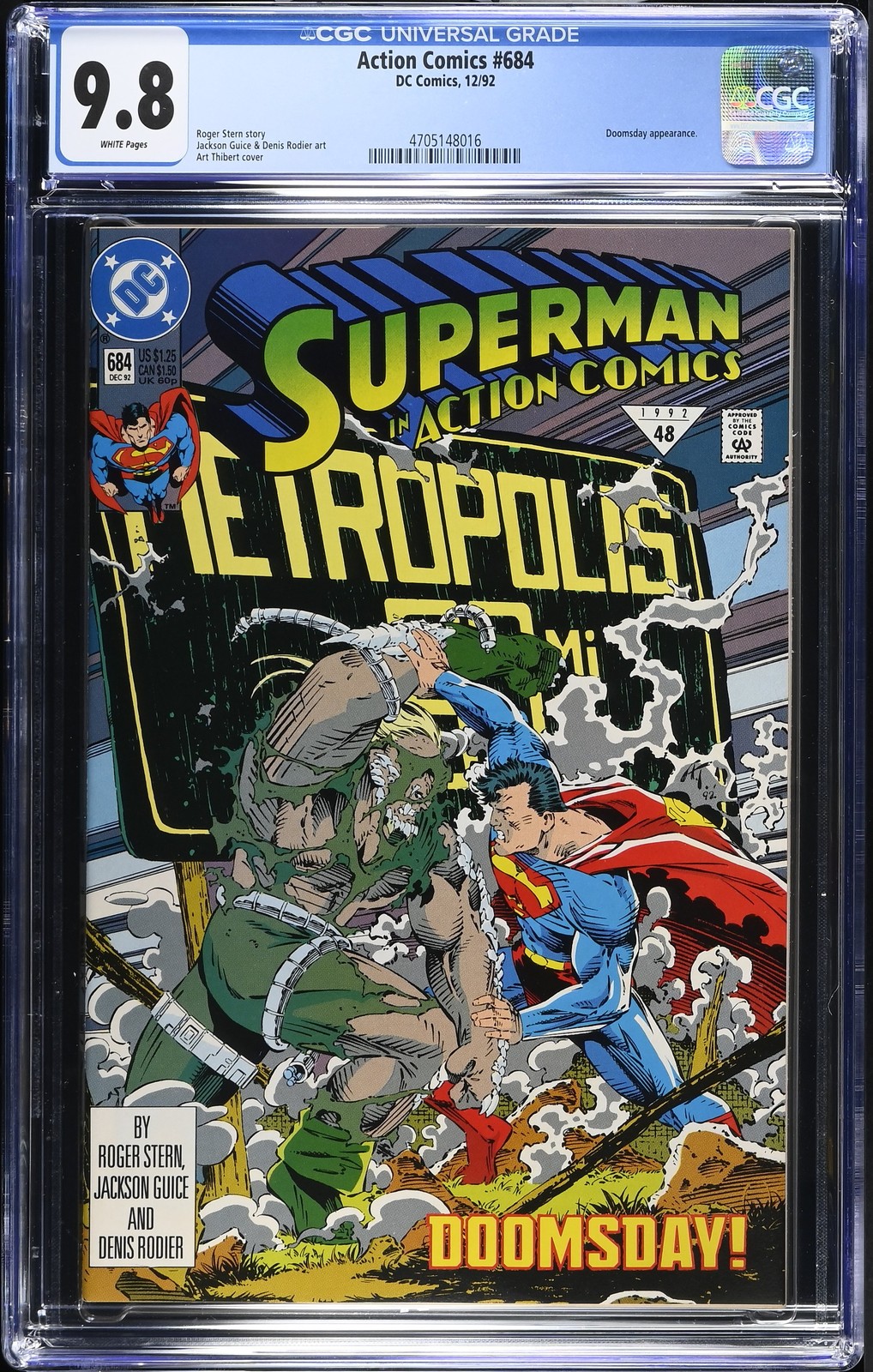 ACTION COMICS #684 CGC 9.8 WHITE PAGES DOOMSDAY VS SUPERMAN 1992 FREE SHIPPING