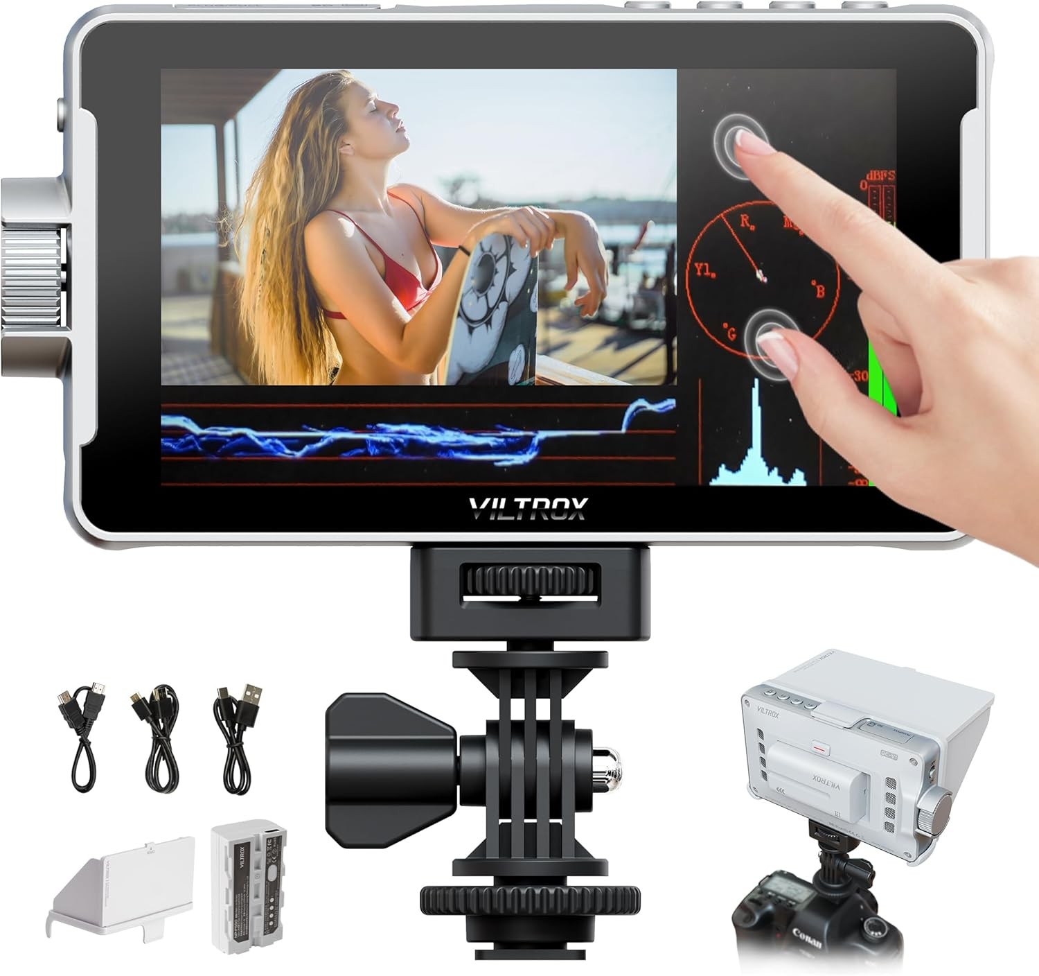 VILTROX DC-V1 5.5" Touch Screen Camera Field Monitor with Sunshade Hood Battery