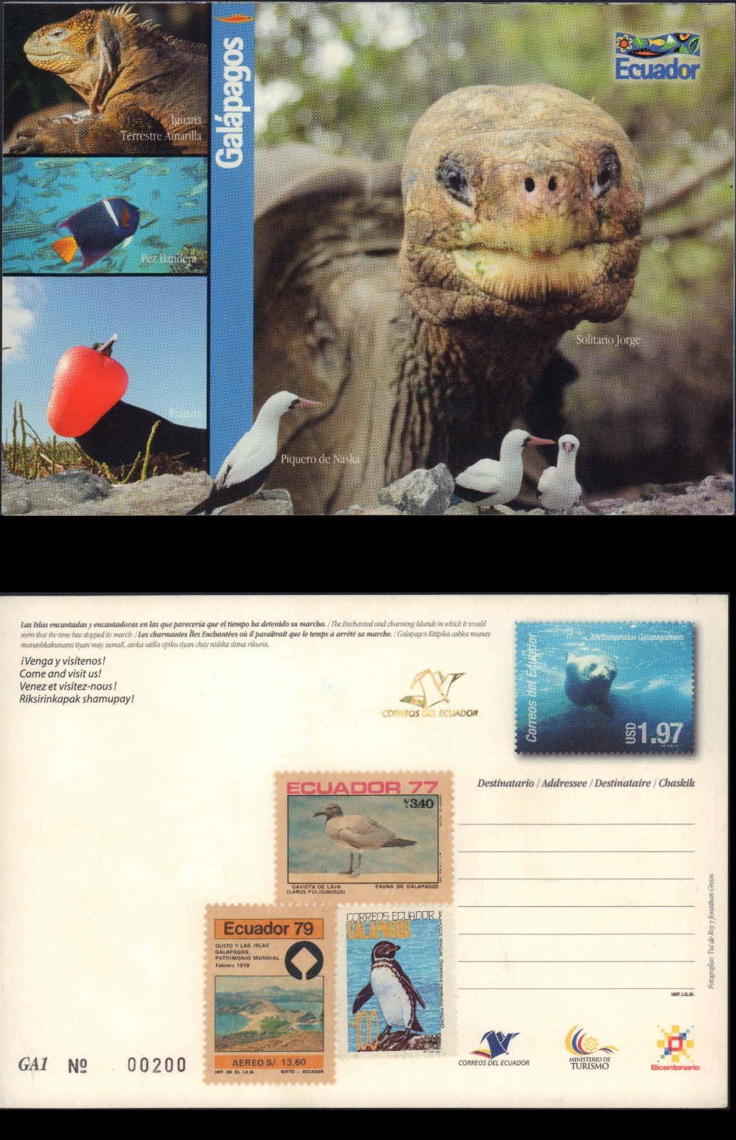 GALAOAGOS ISLANDS ECUADOR 2009 POSTALCARD STATIONERY LONESONE GEORGE RARE