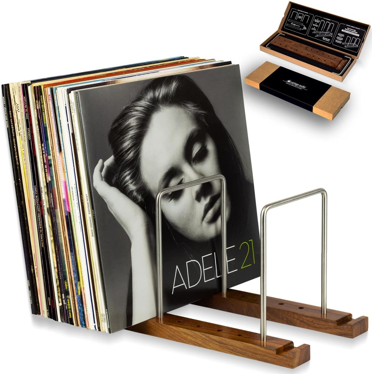 Durable Vinyl Record Storage Holder for 75 Lps, Solid Walnut Record Stand with B