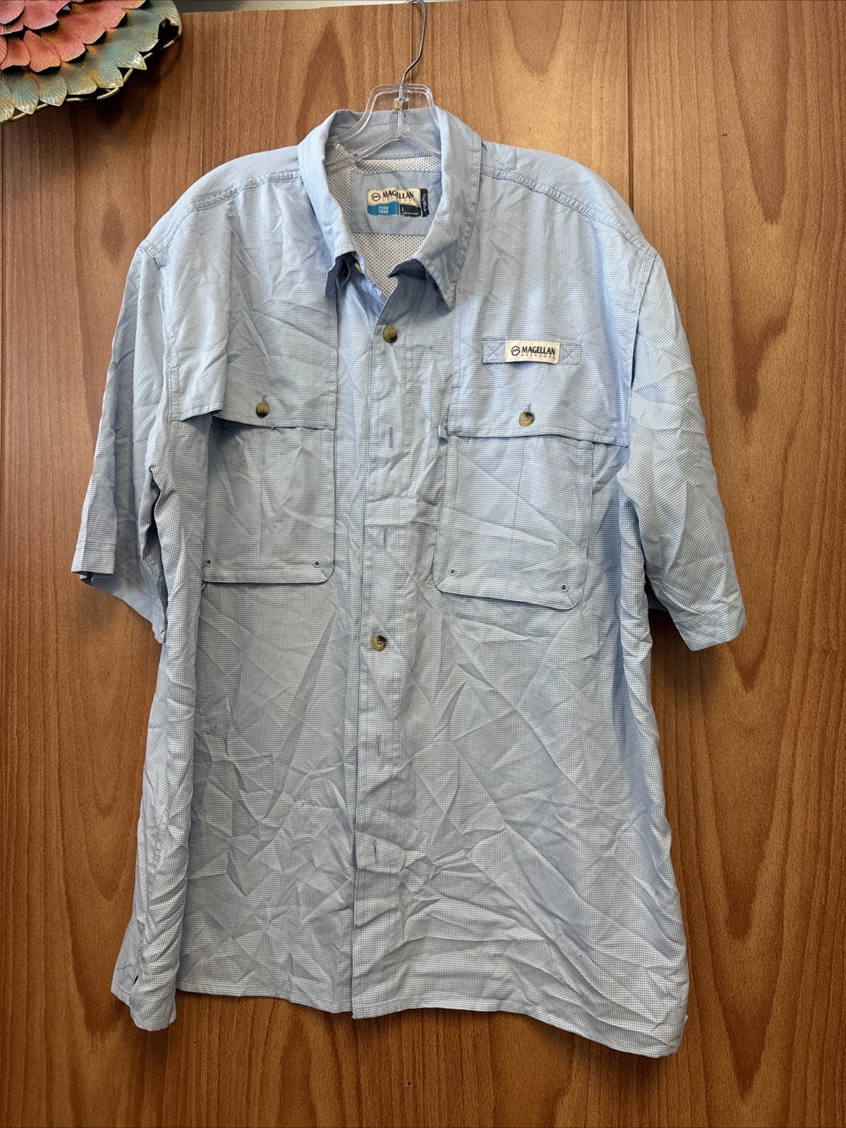 Magellan Light Blue White Gingham Short Sleeve Men’s Casual Button Up L Large