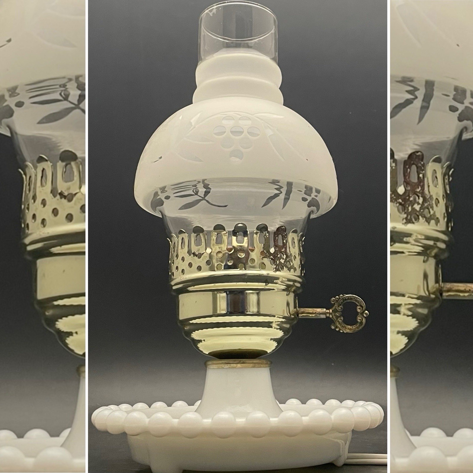 Candlewick Milk Glass Electric Hurricane Lamp w/Frosted Grape Chimney 10.5" tall